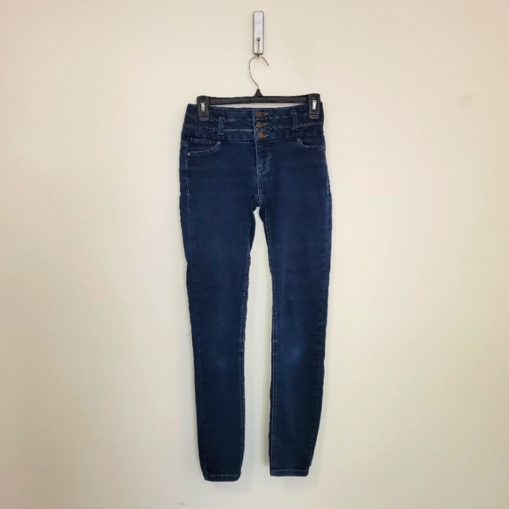 #33 💙 Blue Spice dark wash high rise juniors skinny denim buttonfly jeans